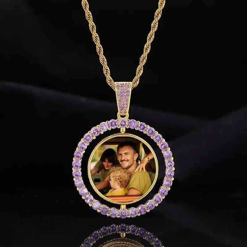 3D Double-Sided Custom Photo Round Pendant White Gold Pink Diamonds - 45mm