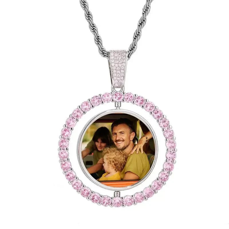 3D Double-Sided Custom Photo Round Pendant White Gold Pink Diamonds - 45mm