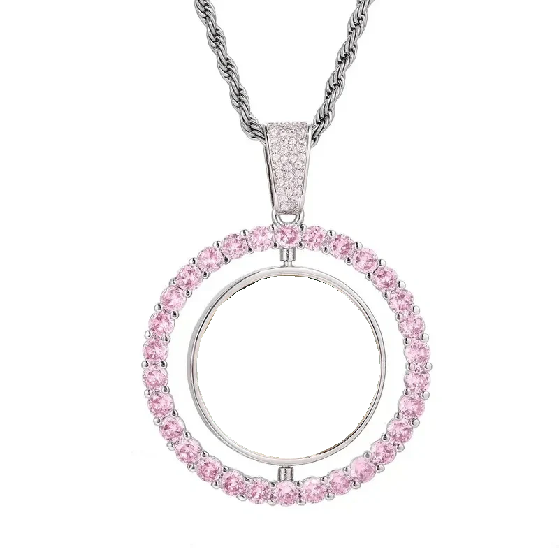 3D Double-Sided Custom Photo Round Pendant White Gold Pink Diamonds - 45mm