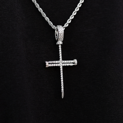 Iced Nail Cross Pendant in White Gold