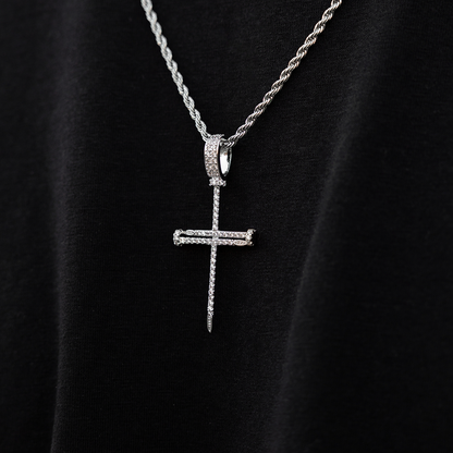 Iced Nail Cross Pendant in White Gold
