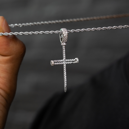 Iced Nail Cross Pendant in White Gold