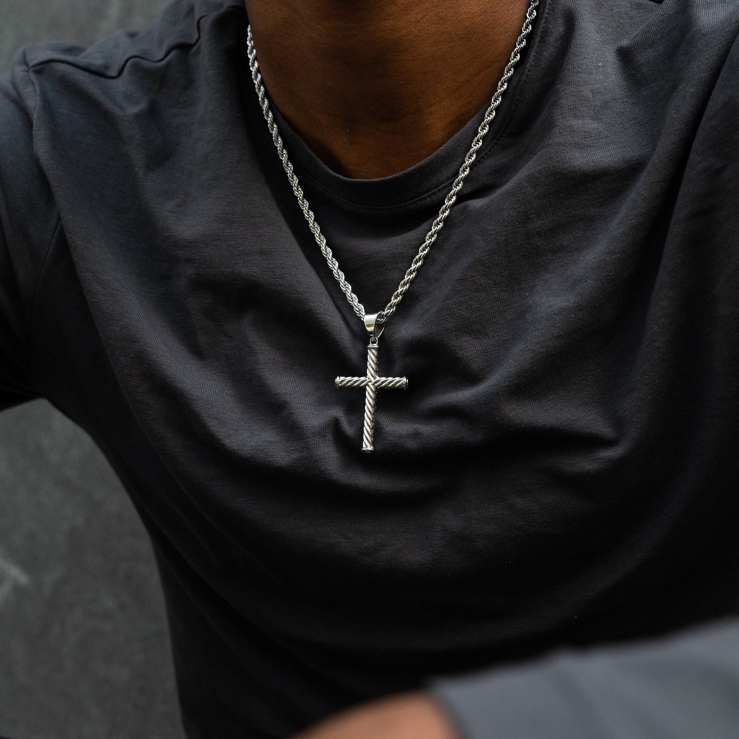 Twisted Rope Cross Pendant in White Gold