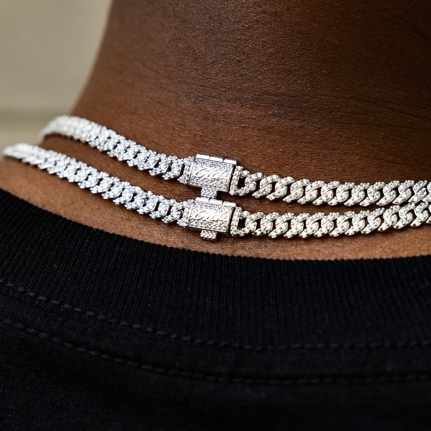 Men's 6MM Micro Diamond Prong Moissanite Cuban Chain Necklace in White Gold Vermeil