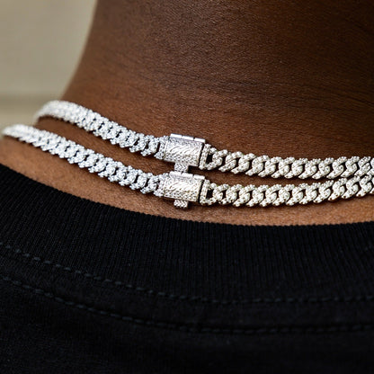 Men's 6MM Micro Diamond Prong Moissanite Cuban Chain Necklace in White Gold Vermeil