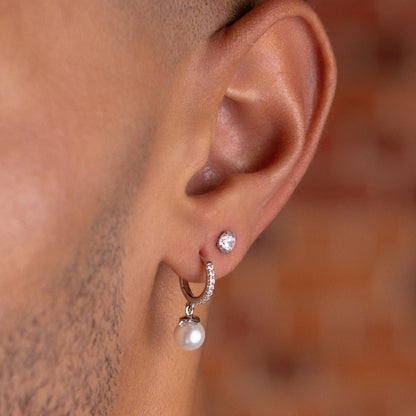 Pave Huggie Pearl Drop Earrings in White Gold