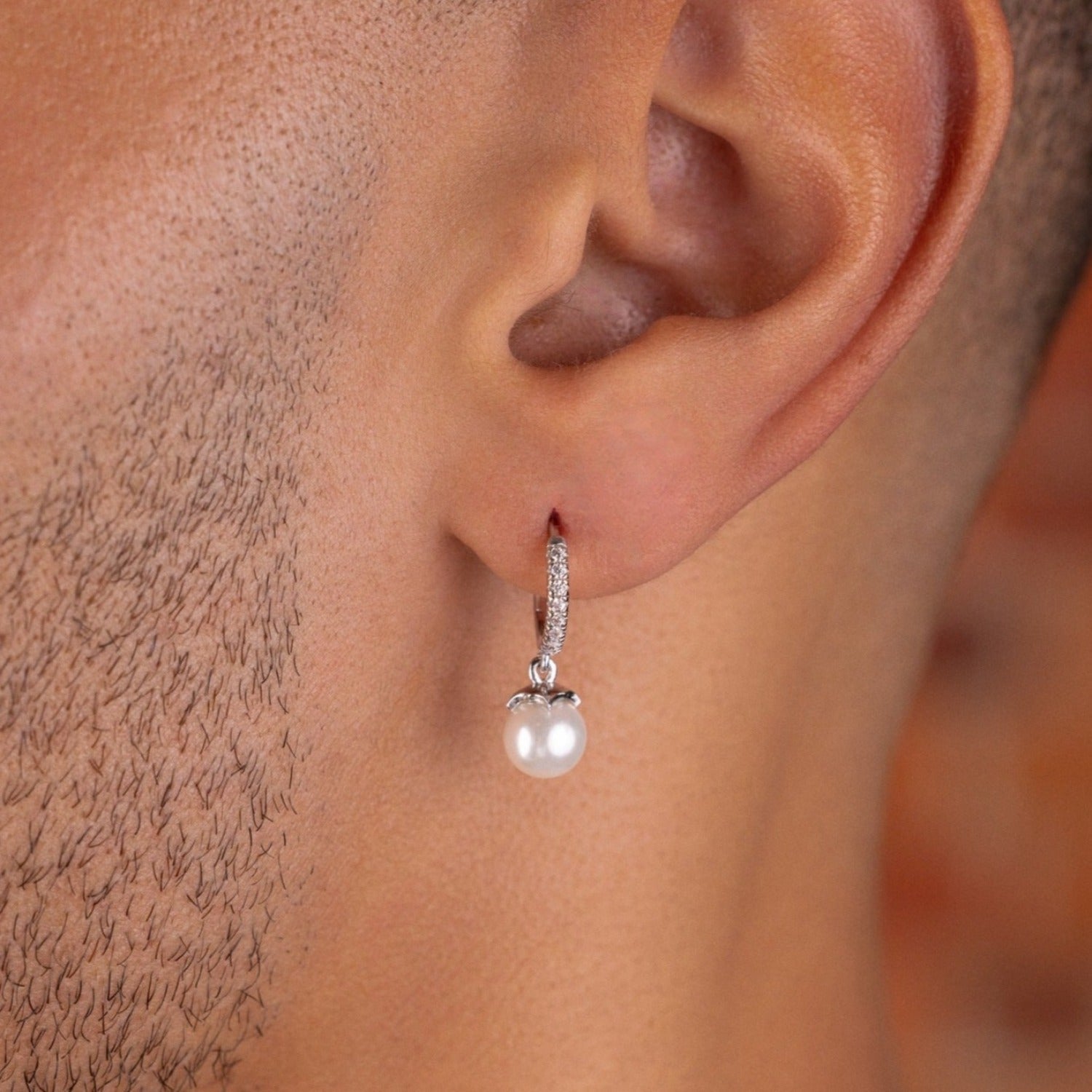 Pave Huggie Pearl Drop Earrings in White Gold