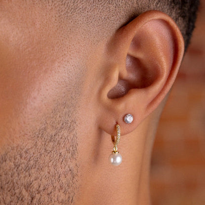 Pave Huggie Pearl Drop Earrings in Yellow Gold