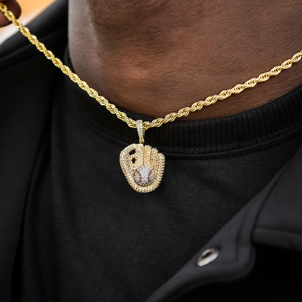 Iced Baseball Pendant in Yellow Gold