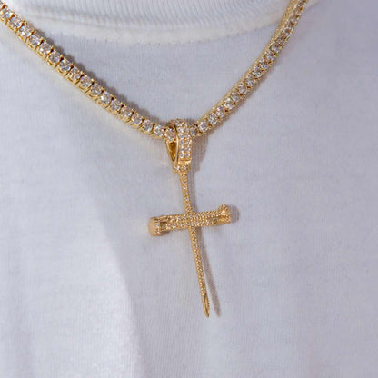 Iced Nail Cross in Yellow Gold