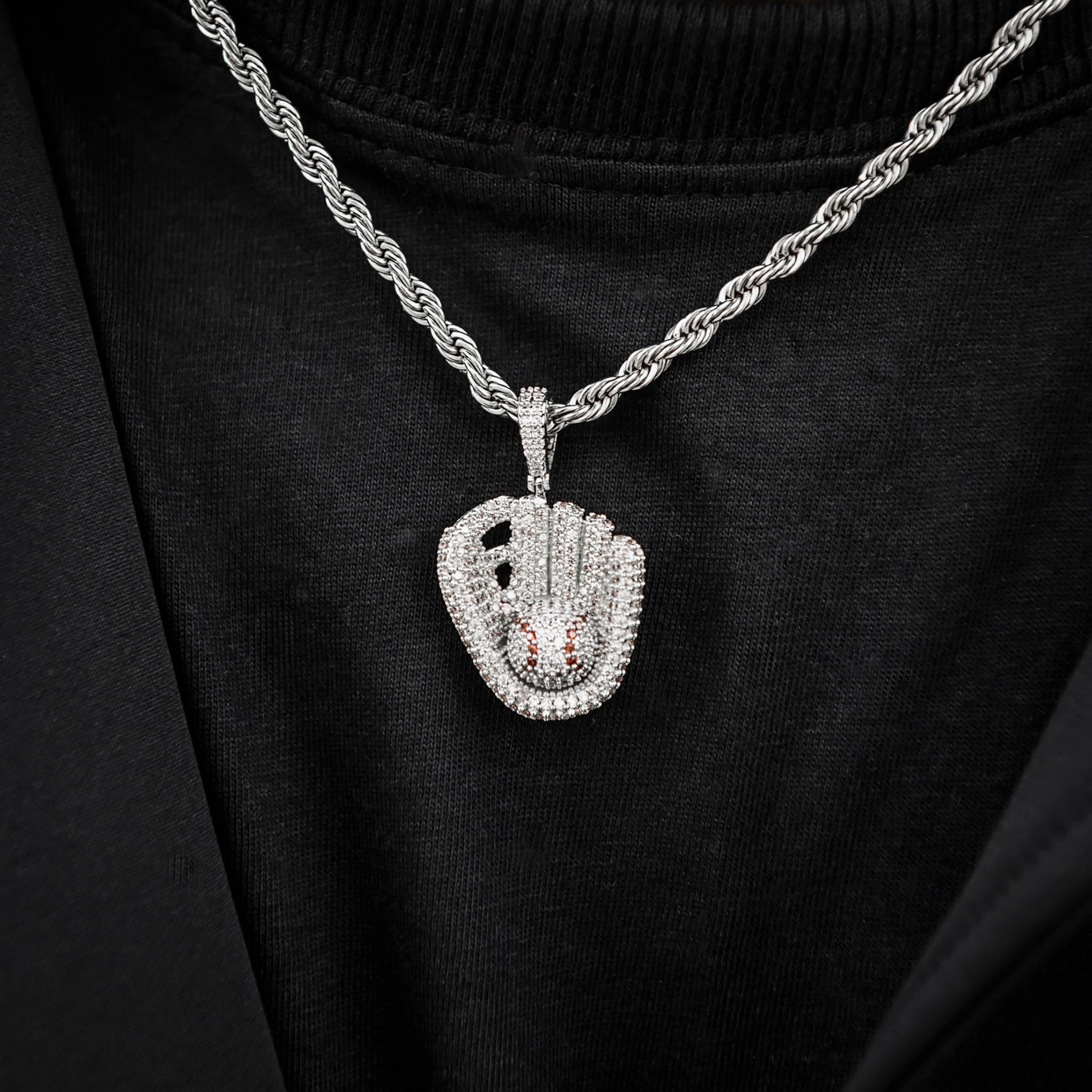 Iced Baseball Pendant in White Gold