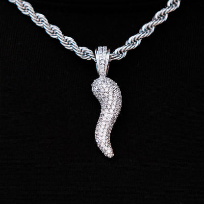 Iced Italian Horn Pendant in White Gold