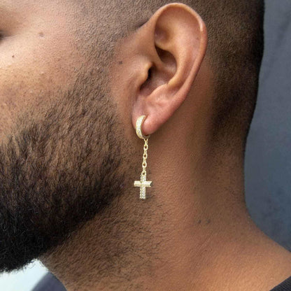 Iced Hoop Cross Drop Earrings - Gold