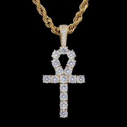 Iced Ankh Cross Pendant in Yellow Gold