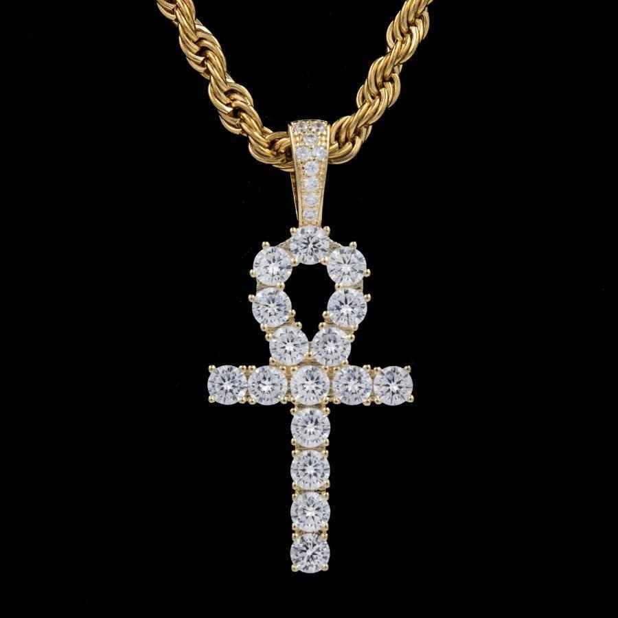 Iced Ankh Cross Pendant in Yellow Gold