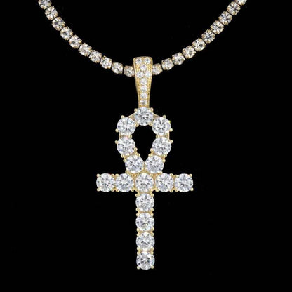 Iced Ankh Cross Pendant in Yellow Gold