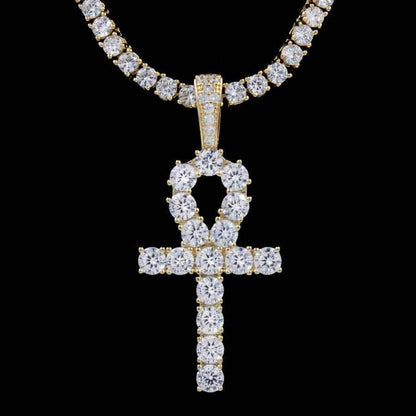 Iced Ankh Cross Pendant in Yellow Gold