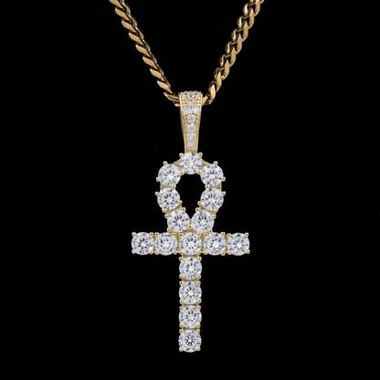 Iced Ankh Cross Pendant in Yellow Gold