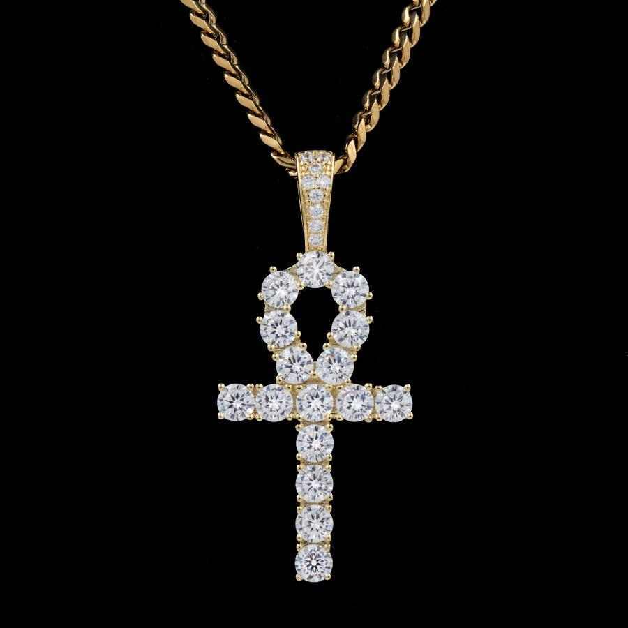 Iced Ankh Cross Pendant in Yellow Gold