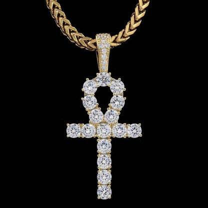Iced Ankh Cross Pendant in Yellow Gold