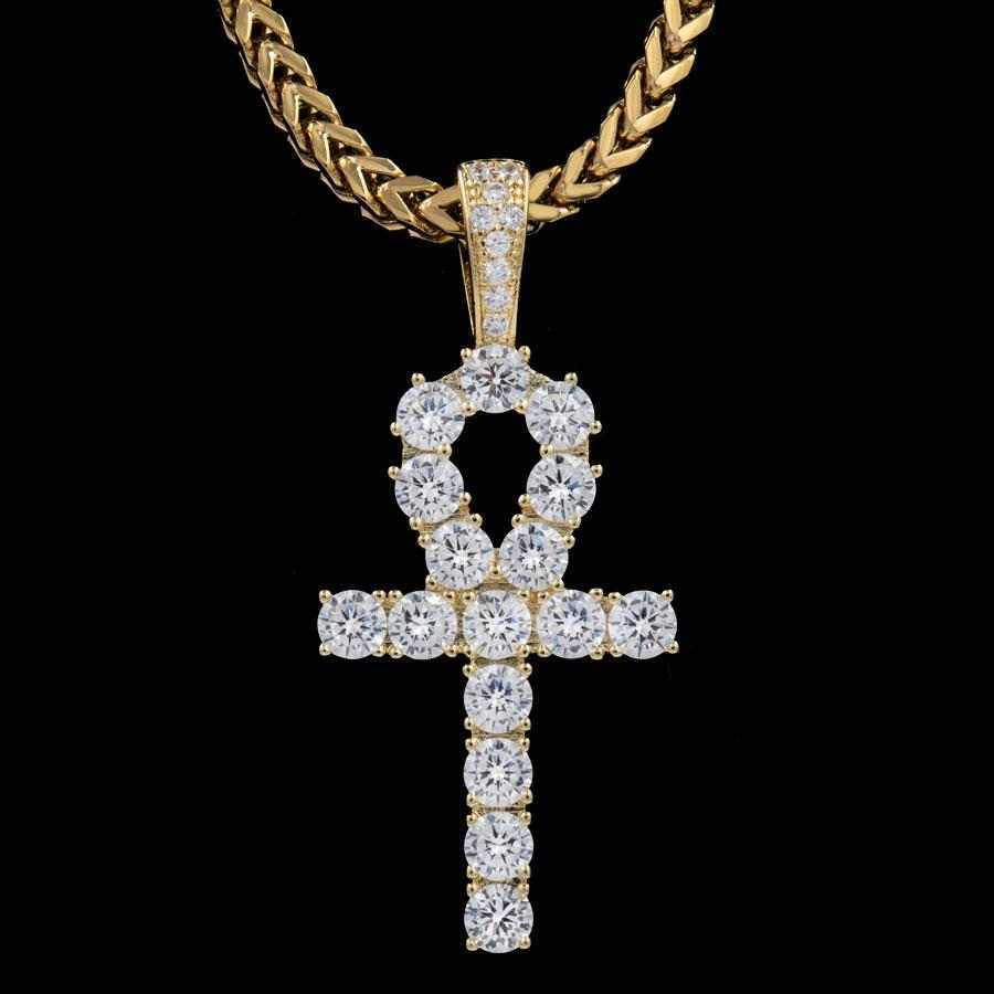 Iced Ankh Cross Pendant in Yellow Gold