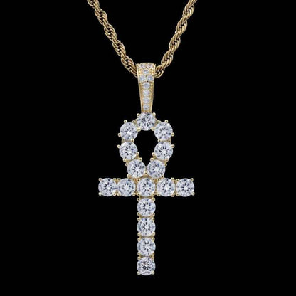 Iced Ankh Cross Pendant in Yellow Gold