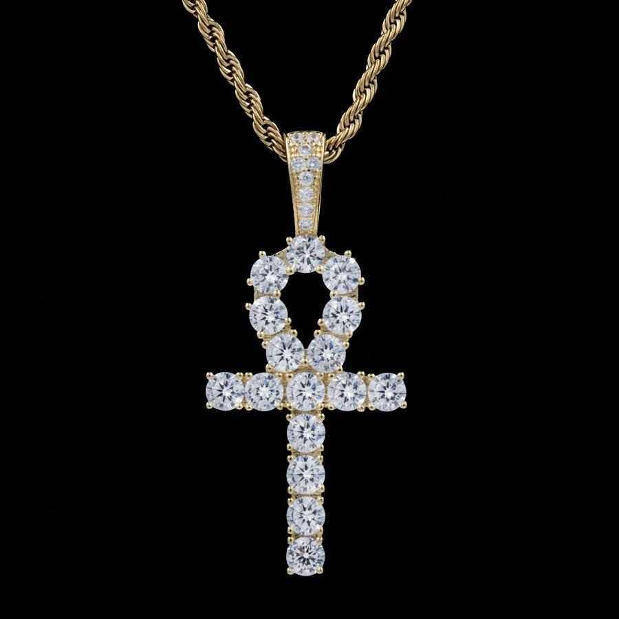 Iced Ankh Cross Pendant in Yellow Gold