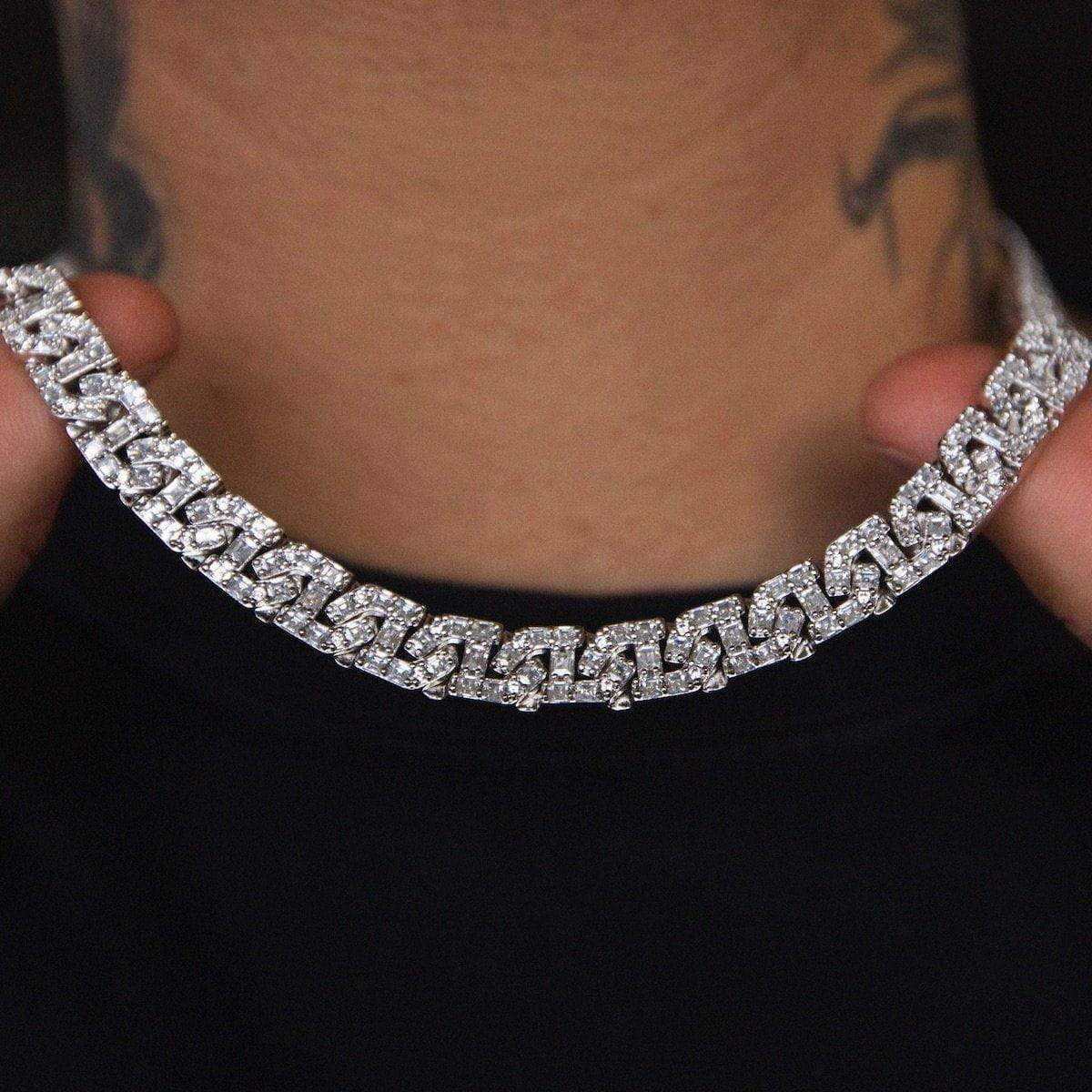 Baguette Chain Link Necklace in White Gold- 8mm