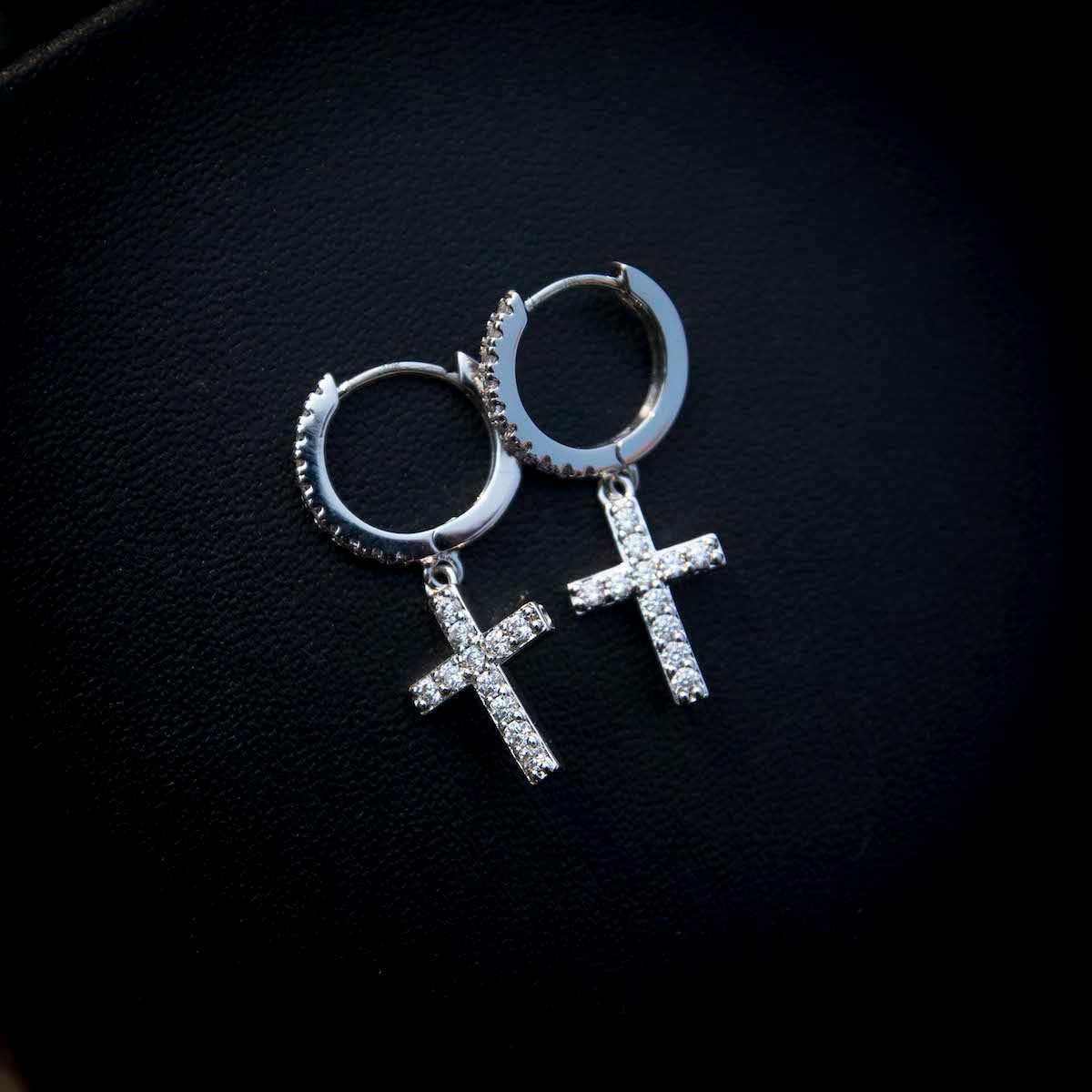 Diamond Cross Hoop Earrings in White Gold