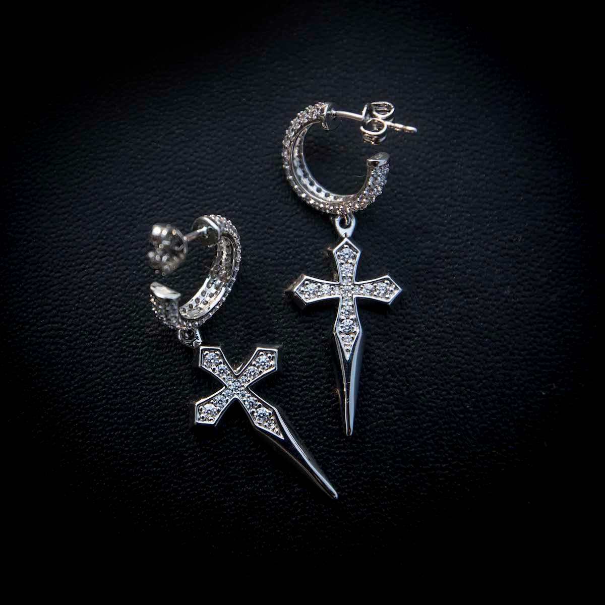 Dripping Cross Hoop Earrings in White Gold