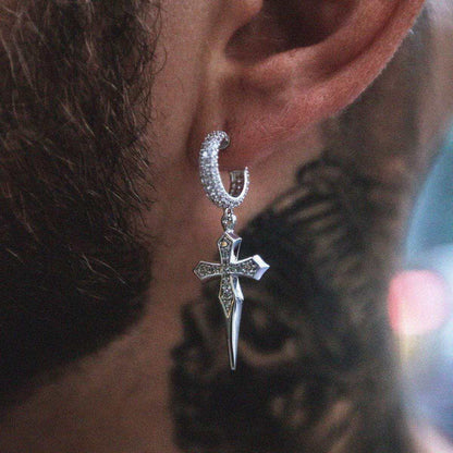 Dripping Cross Hoop Earrings in White Gold