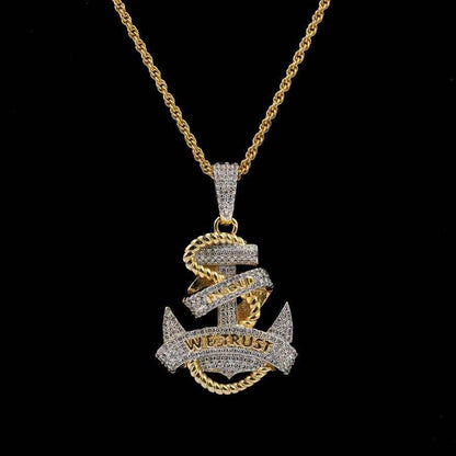 Iced Anchor Pendant in Yellow Gold