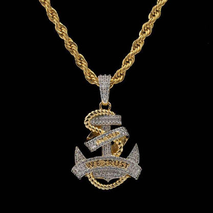 Iced Anchor Pendant in Yellow Gold