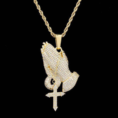 Iced Praying Hands with Cross Pendant in Yellow Gold