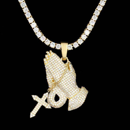 Iced Praying Hands with Cross Pendant in Yellow Gold