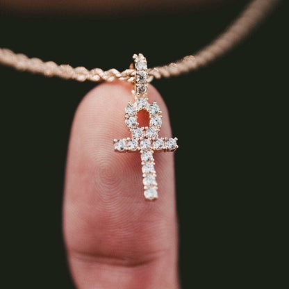 Micro Iced Ankh Cross Pendant in Yellow Gold