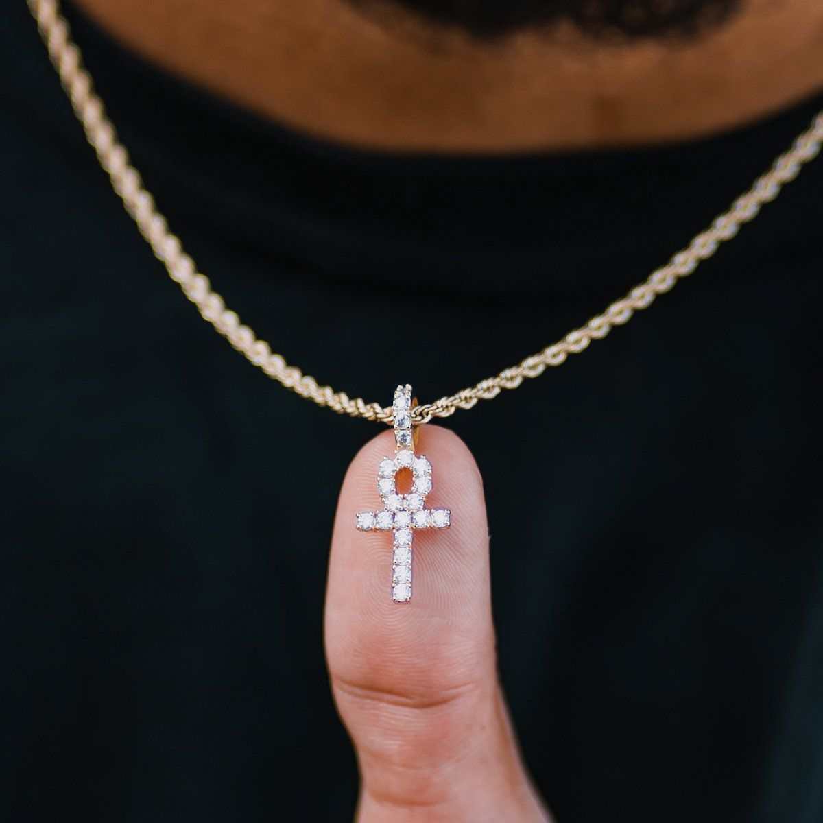 Micro Iced Ankh Cross Pendant in Yellow Gold