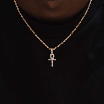 Micro Iced Ankh Cross Pendant in Yellow Gold