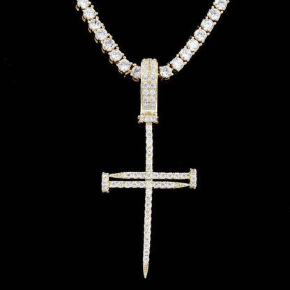 Iced Nail Cross in Yellow Gold