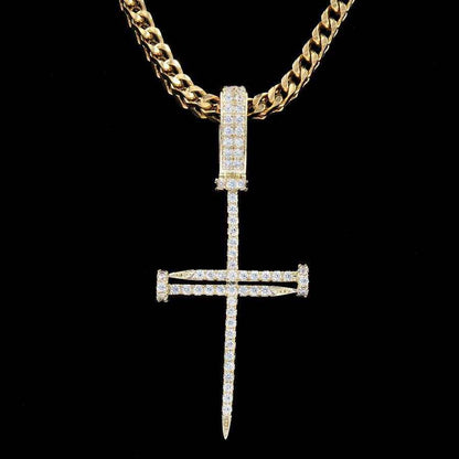 Iced Nail Cross in Yellow Gold