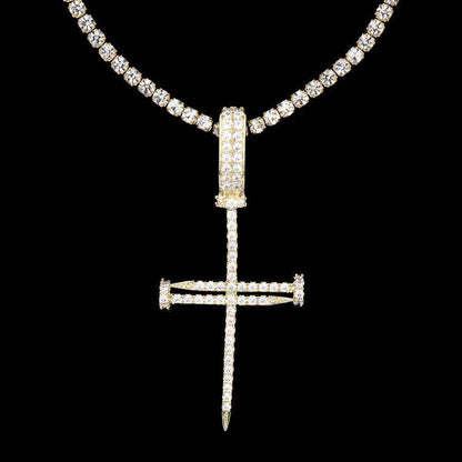 Iced Nail Cross in Yellow Gold