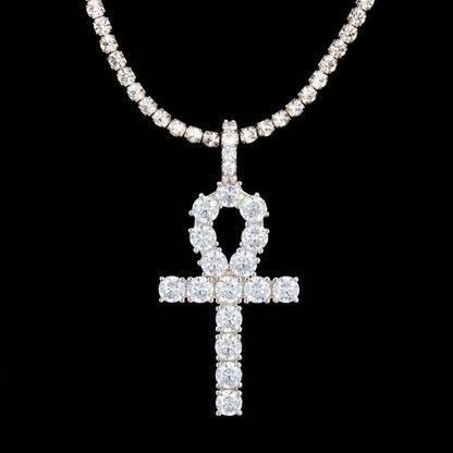 Iced Ankh Cross Pendant in White Gold